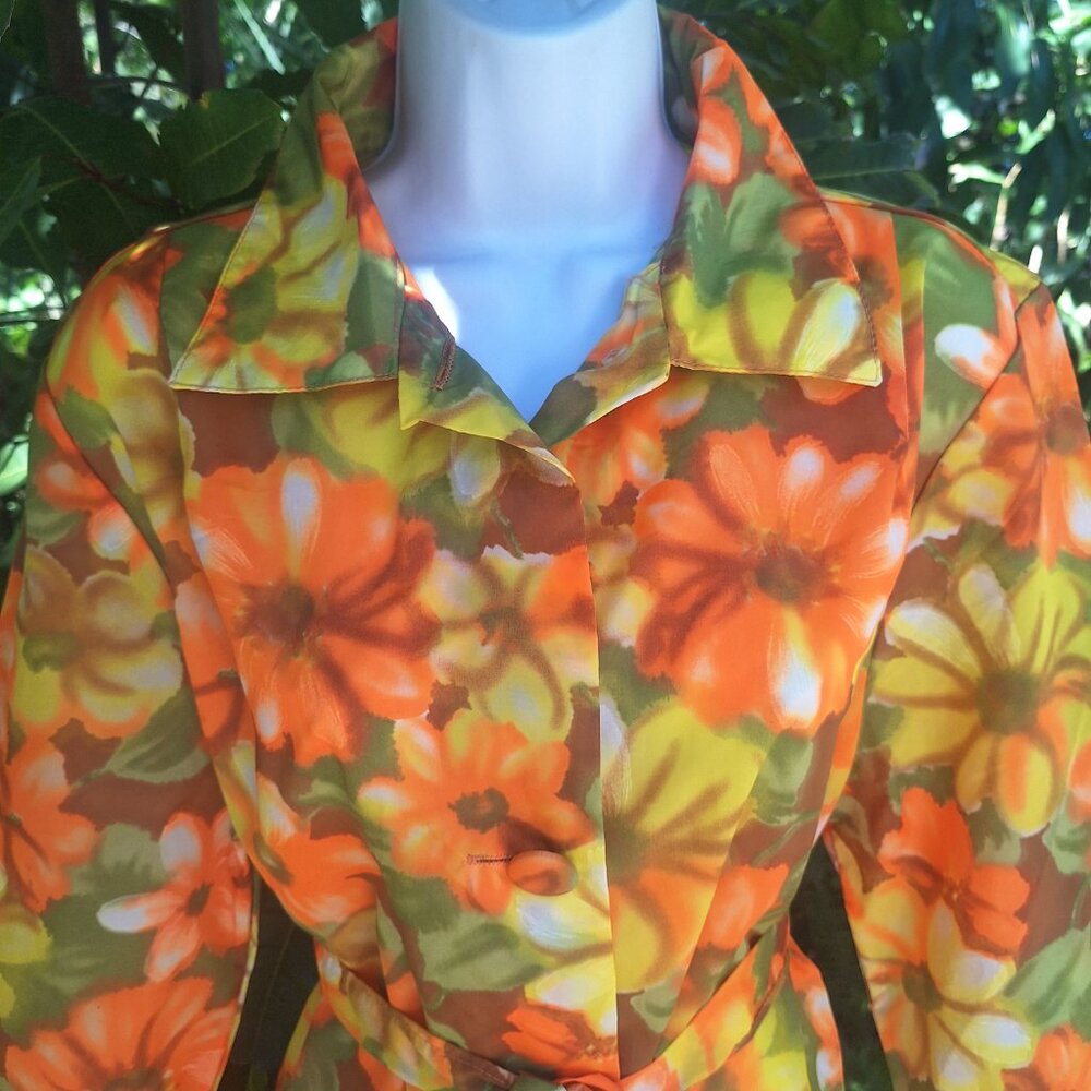 Vintage Aqua-Sheen Raincoat L Belted Orange Floral Hawaiian Aloha - Picture 3 of 5